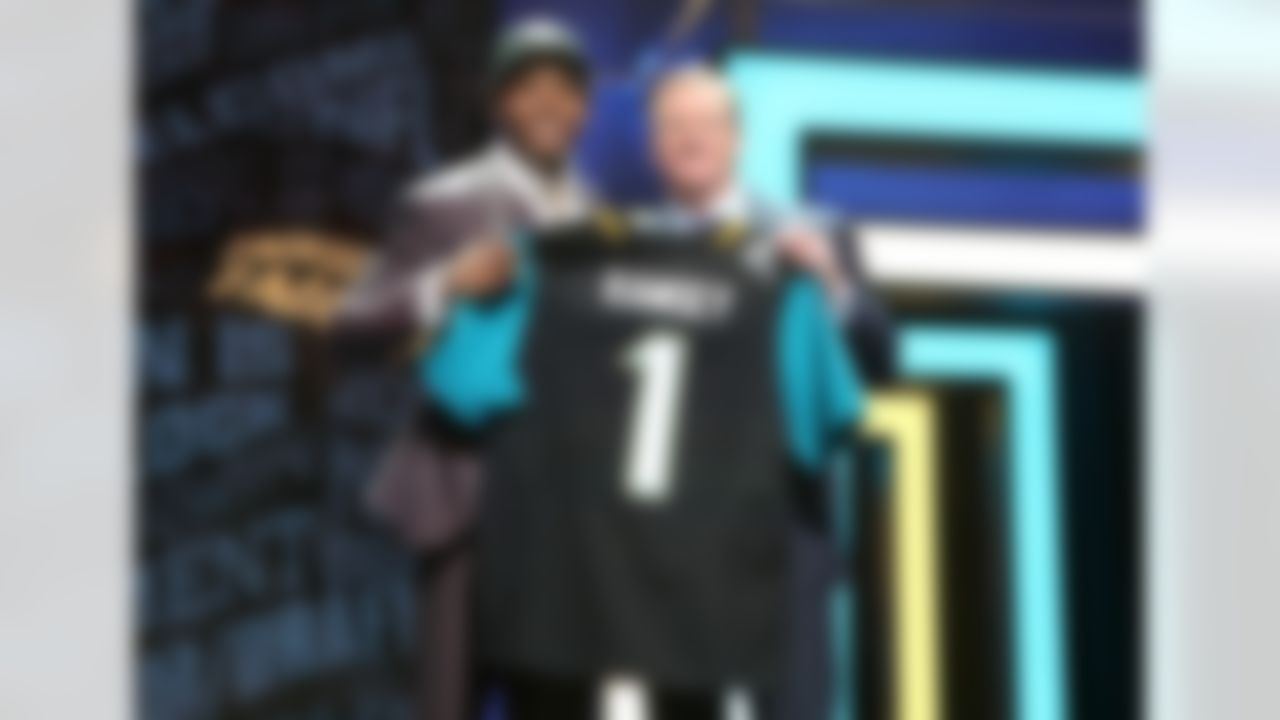 Florida State cornerback Jalen Ramsey poses for a photo on stage with NFL Commissioner Roger Goodell after being selected by the Jacksonville Jaguars during the 2016 NFL Draft at the Auditorium Theatre on Thursday, April 28, 2016 in Chicago. (Perry Knotts/NFL)