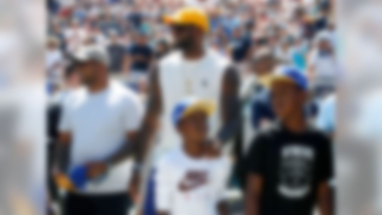 Cleveland Cavaliers forward LeBron James  looks on from the sideline prior to an NFL football game between the Seattle Seahawks and Los Angeles Rams at the Los Angeles Memorial Coliseum on Sunday, Sept. 18, 2016 in Los Angeles. (Ben Liebenberg/NFL)