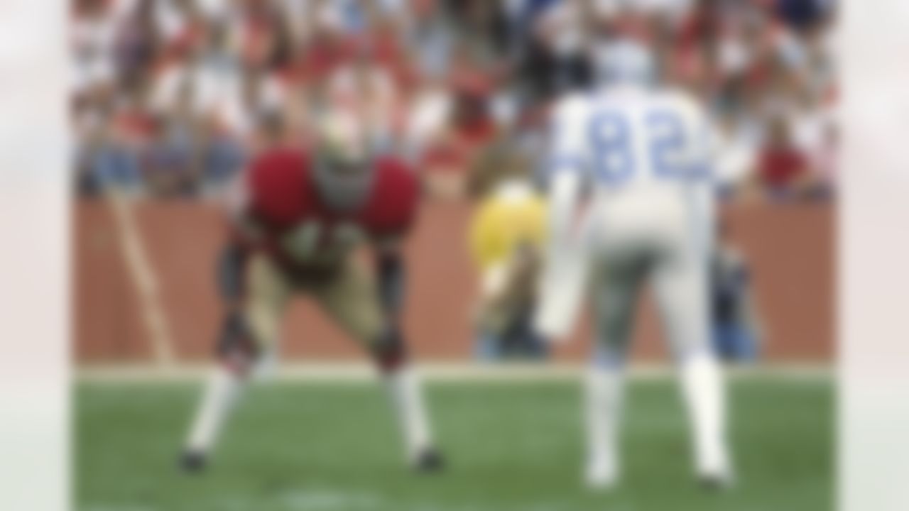 San Francisco 49ers defensive back Ronnie Lott (42) waits for the snap during an NFL game against the Detroit Lions on Sunday, Oct. 2, 1988, in San Francisco. The 49ers won the game, 20-13. (AP Photo/Greg Trott)