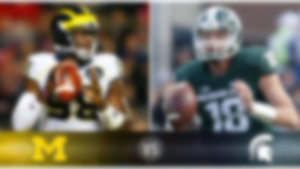 Details: Saturday, 3:30 p.m. ET, ABC
The skinny: Michigan State -- which has won four of the past five in the series -- appears to be the most complete team in the Big Ten; Michigan has a horrible offense and an overworked defense. Michigan senior QB Devin Gardner (above) is a high-level athlete, but he remains extremely inconsistent. His counterpart, Michigan State's Connor Cook (above), doesn't "wow" you with any aspect of his game, but he has a nice arm and almost always gets the ball to the right players at the right time. If Michigan can't get any kind of running game going, Gardner is going to be running for his life from the likes of Spartans DE Shilique Calhoun and OLB Ed Davis.
Game picks:
Brandt: Michigan State, 37-14
Brooks: Michigan State, 37-28
Jeremiah: Michigan State, 38-24
Fischer: Michigan State, 35-17
Goodbread: Michigan State, 47-17
Huguenin: Michigan State, 45-17