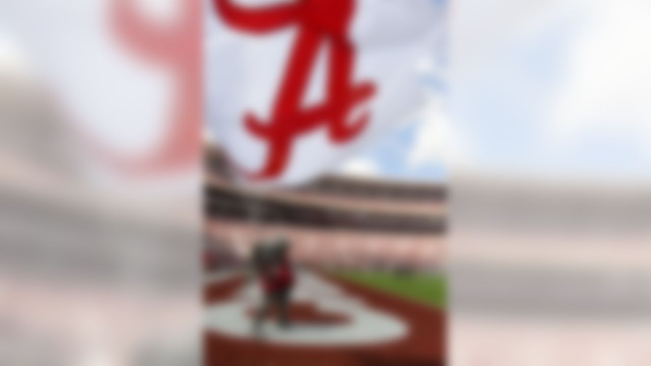 Alabama Crimson Tide mascot Big Al waves an Alabama flag following a touchdown against the Georgia State Panthers during the first quarter at Bryant-Denny Stadium. (John David Mercer-USA TODAY Sports)