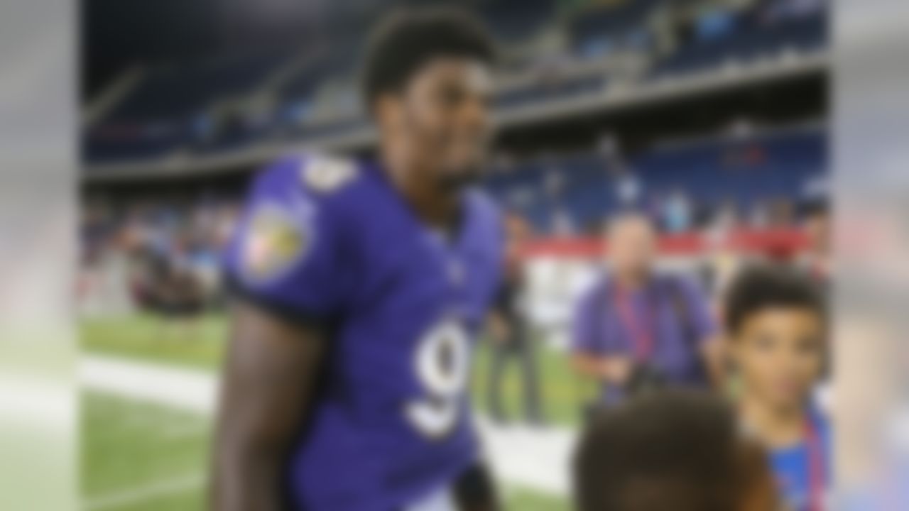 Baltimore Ravens quarterback Lamar Jackson (8) on the field following the Pro Football Hall of Fame NFL preseason game between the Chicago Bears and Baltimore Ravens on Thursday, August 2, 2018 in Canton, Ohio. (Tori Richman/NFL)