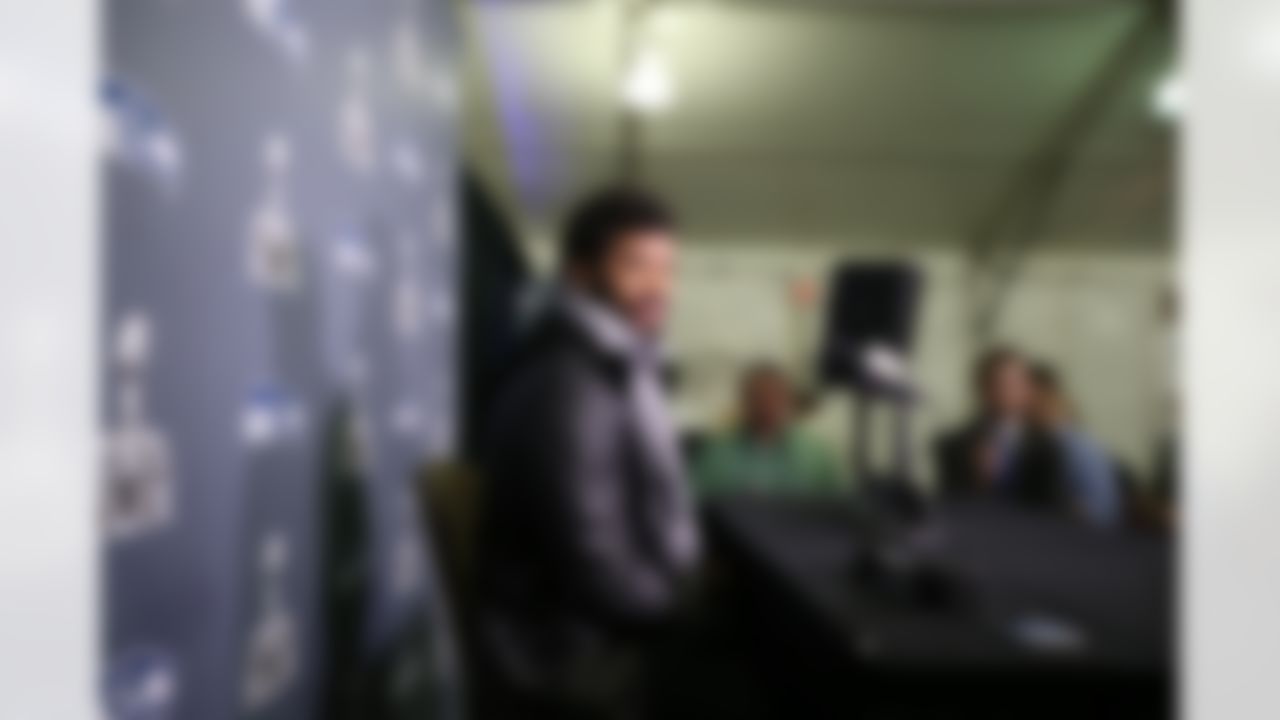 Seattle Seahawks quarterback Russell Wilson during a press conference for Super Bowl XLIX at the Arizona Grand Resort on Sunday, January 25, 2015 in Phoenix, AZ. (Ben Liebenberg/NFL)