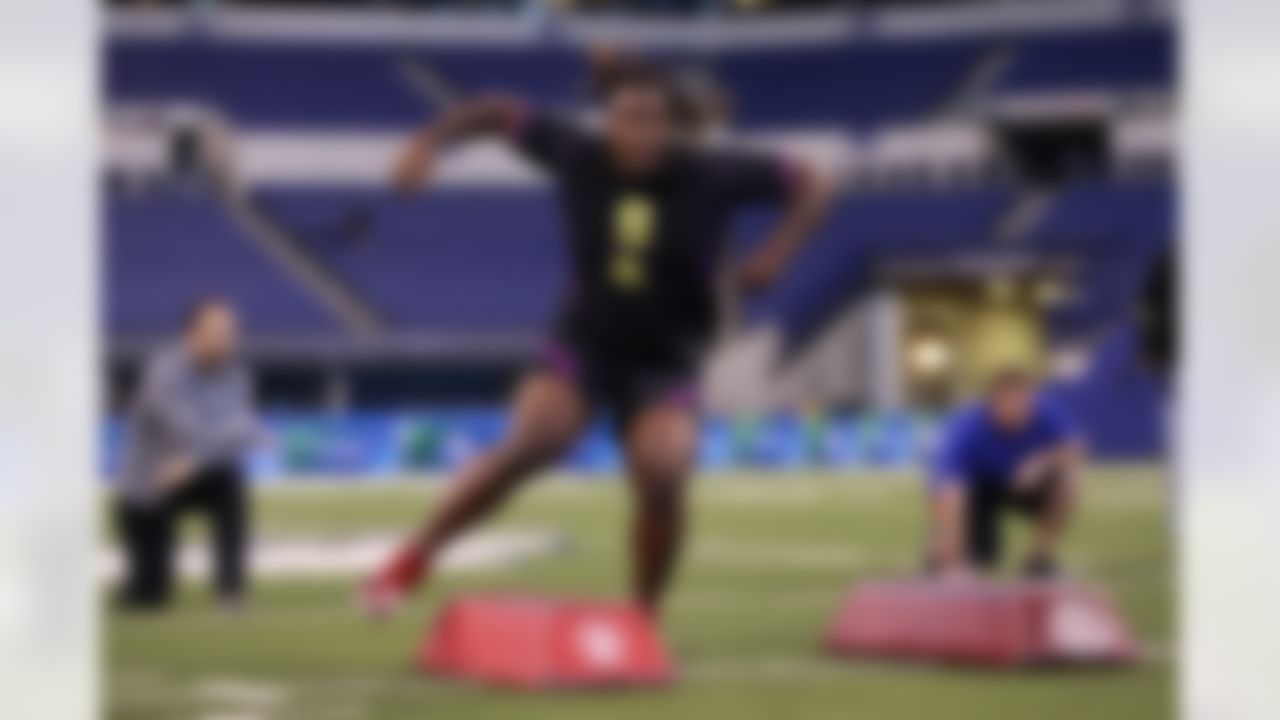 North Carolina State defensive lineman Justin Jones runs a drill during the 2018 NFL Scouting Combine on Sunday, March 4, 2018 in Indianapolis.
