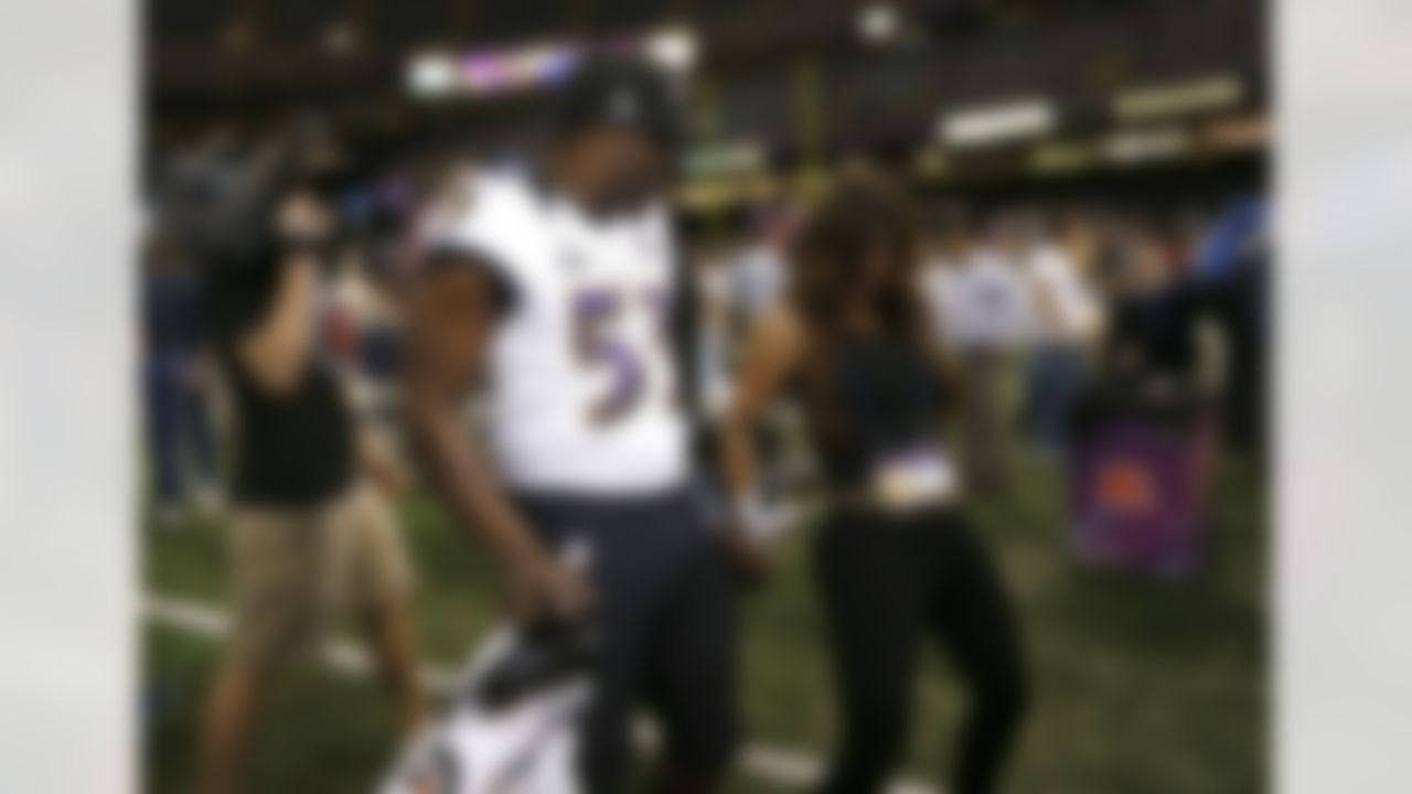 Baltimore Ravens linebacker Jameel McClain dances with Mireya Grisales of Telemundo Sports Network during the Super Bowl XLVII Media Day at the Superdome on Tuesday, January 29, 2013 in New Orleans, LA. (Perry Knotts/NFL)