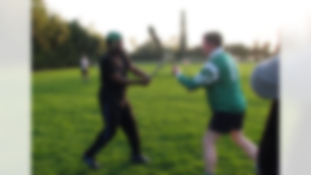 Dhani Jones practices hurling in Ireland. (Photo by Travel Channel, L.L.C.)