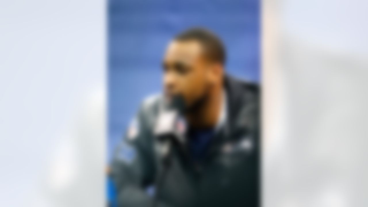Seattle Seahawks wide receiver Percy Harvin speaks during the Super Bowl XLVIII Media Day at the Prudential Center on Tuesday, January 28, 2014 in Newark, NJ. (Perry Knotts/NFL)