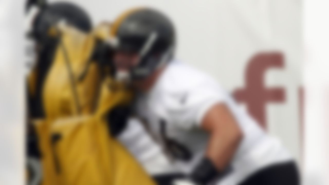 Pittsburgh Steelers offensive guard David DeCastro hits a blocking sled during practice at the NFL football training camp in Latrobe, Pa., Thursday, July 26, 2012. (AP Photo/Keith Srakocic)