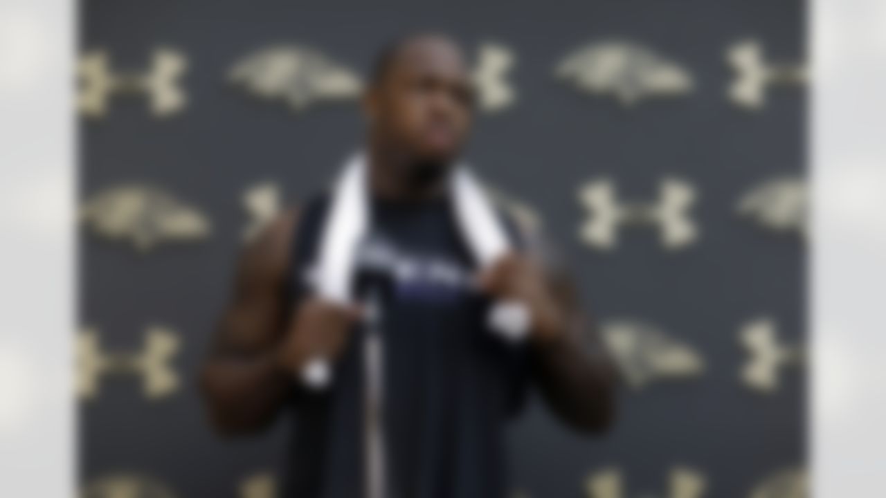 Baltimore Ravens linebacker Terrell Suggs speaks at a news conference after an NFL football practice at the team's practice facility in Owings Mills, Md., Wednesday, June 12, 2013. (AP Photo/Patrick Semansky)