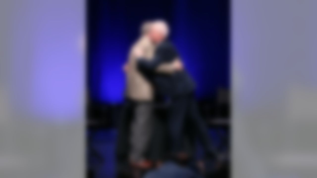Seattle Seahawks head coach Pete Carroll and Denver Broncos head coach John Fox hug following a press conference at the Rose Theater on Friday, January 31, 2014 in New York, NY. (Ben Liebenberg/NFL)