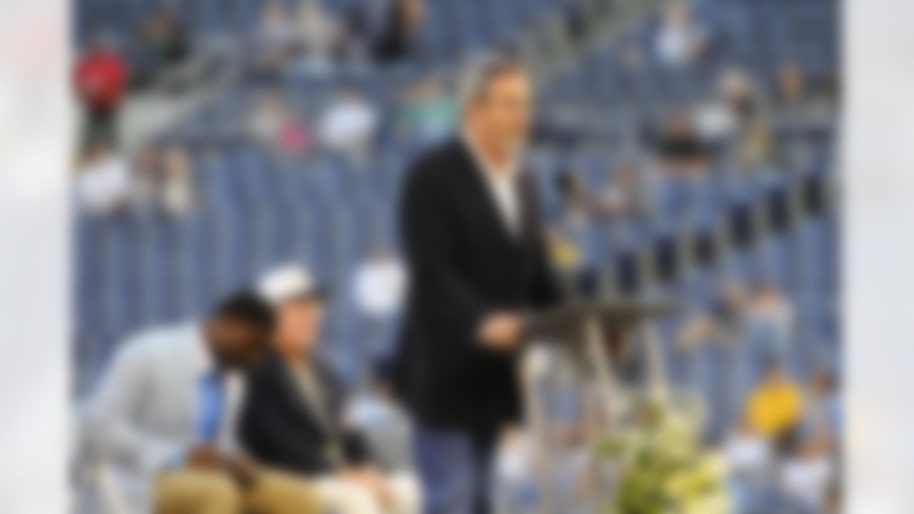 May 11, 2012; San Diego, CA, USA; Former San Diego Chargers player Dan Fouts speaks during a celebration of life service to remember Junior Seau at Qualcomm Stadium. Mandatory Credit: Christopher Hanewinckel-US PRESSWIRE