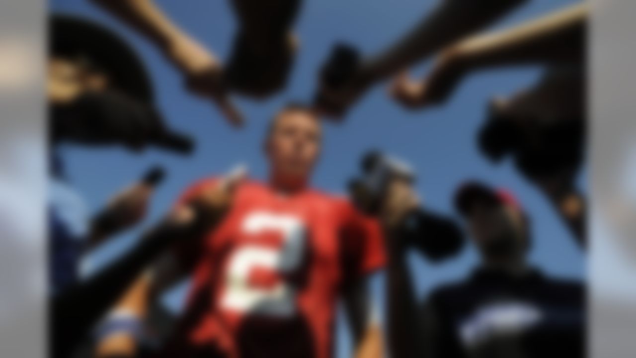 Atlanta Falcons quarterback Matt Ryan talks to reporters during NFL football training camp, Monday, July 30, 2012, in Flowery Branch, Ga. (AP Photo/John Amis)