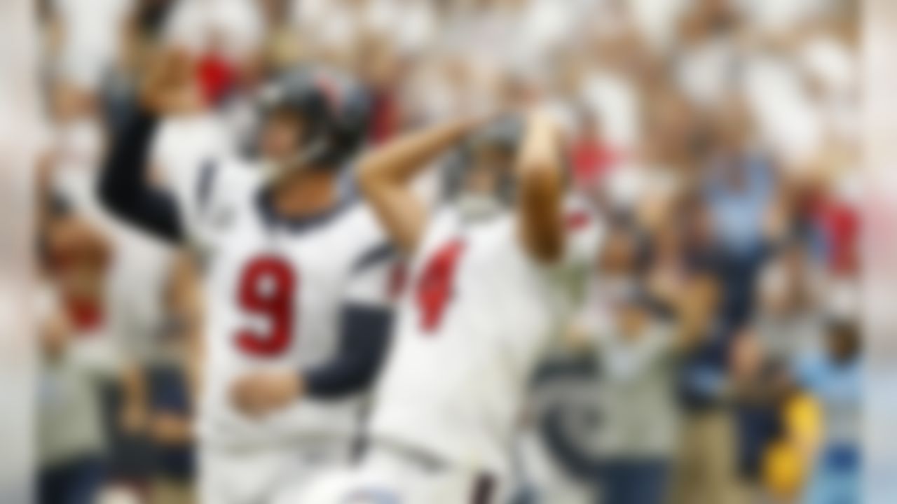 Houston Texans kicker Randy Bullock (4) and punter Shane Lechler (9) react following a missed field goal during an NFL football game against the Tennessee Titans at Reliant Stadium on September 15, 2013 in Houston, Texas. Houston won 30-24. (Aaron M. Sprecher/NFL)