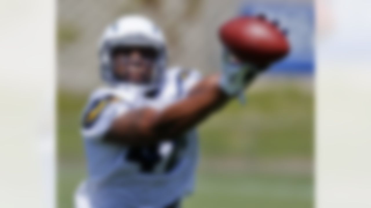 San Diego Chargers tight end Brad Taylor goes for a finger tip catch during practice at the Chargers' training camp Monday, July 23, 2012 in San Diego. (AP Photo/Lenny Ignelzi)