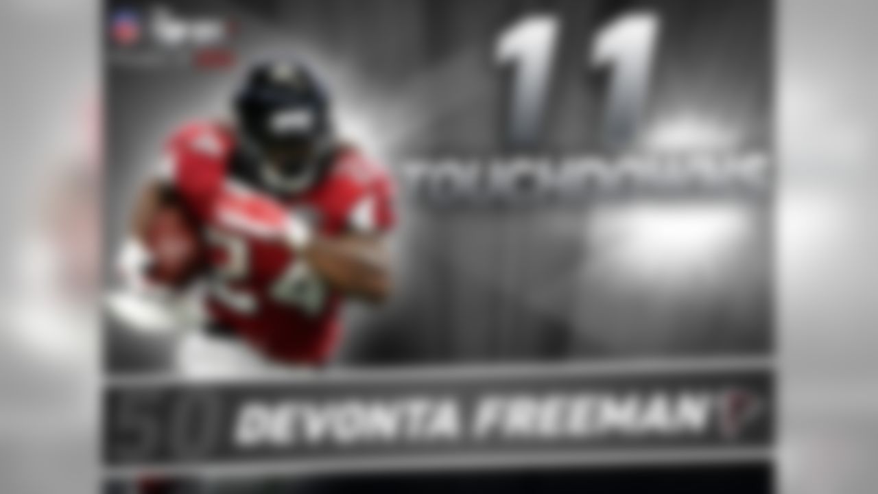 In just his second NFL season, Devonta Freeman had a breakout year in 2015. His 11 rushing touchdowns were tied for the most in the NFL, and he didn't even start the first two games of the season! But once he took over, his impact was significant.
 
Freeman became the only player since the 1970 merger to rush for at least three touchdowns in each of his first two career starts. He then became the eighth player since 1960, and first Falcon, to score seven rushing TDs in the first four weeks of a season.