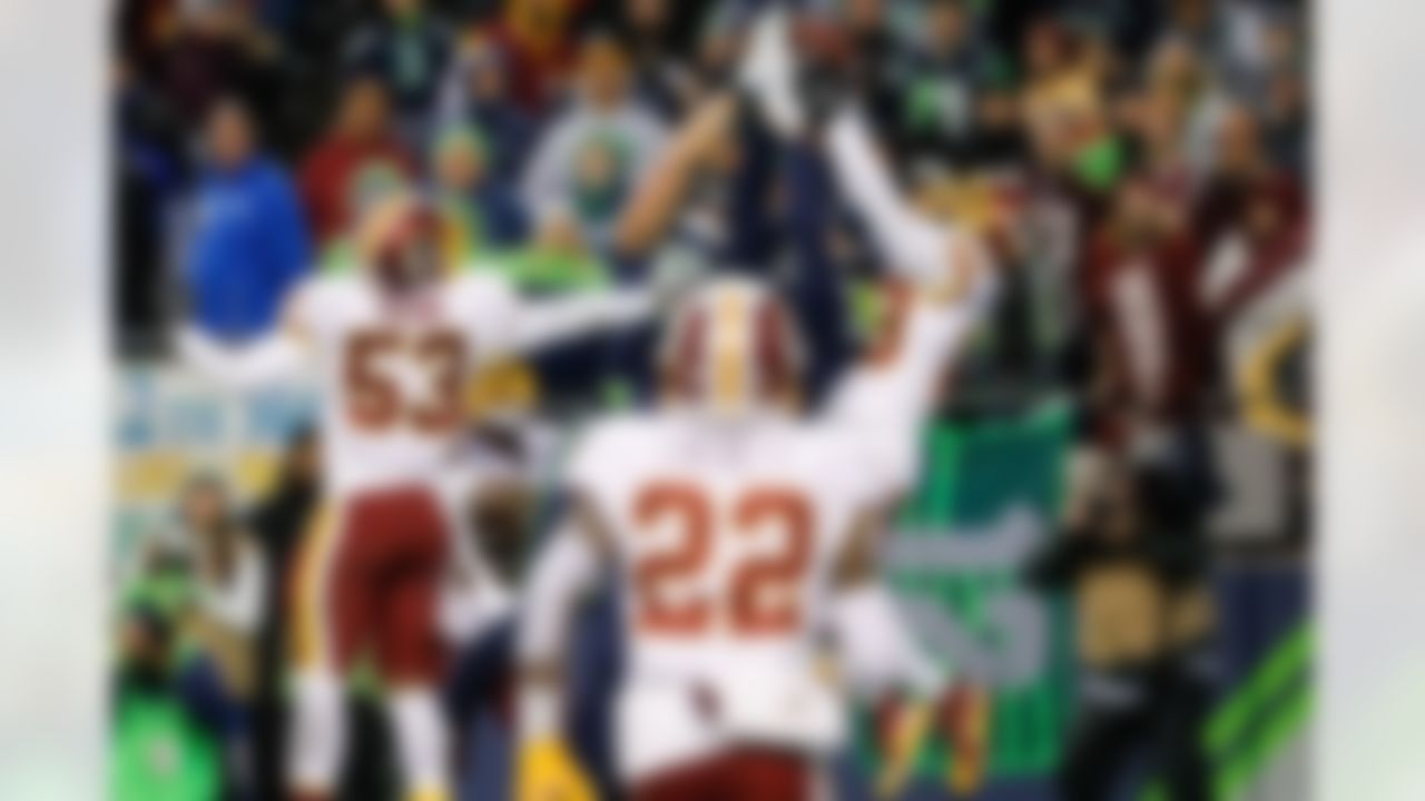 Washington Redskins safety DeAngelo Hall (23) breaks up a last second Hail Mary throw in the end zone intended for Seattle Seahawks tight end Jimmy Graham (88) and wide receiver Tanner McEvoy (19) during to an NFL football game on Sunday, Nov. 5, 2017 in Seattle.