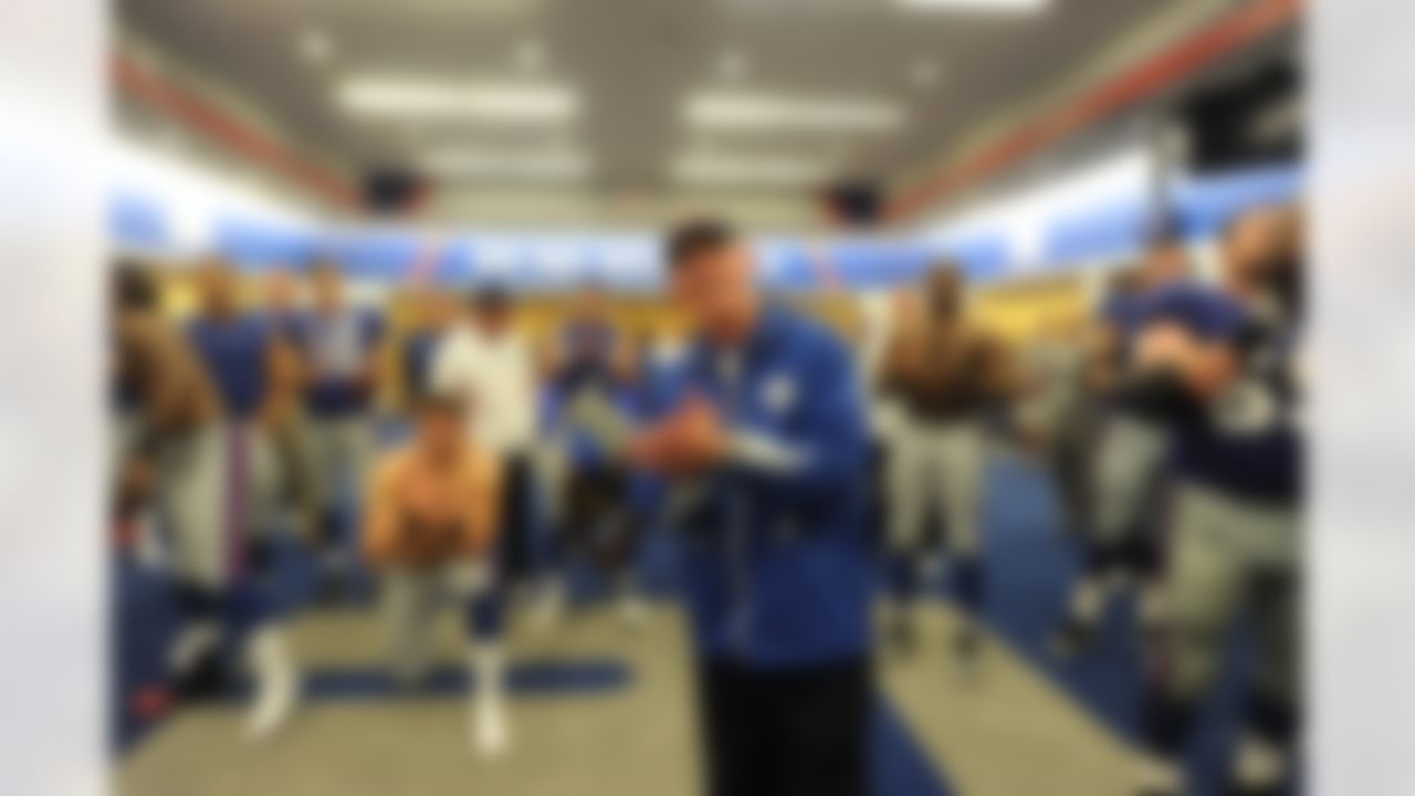New York Giants head coach Tom Coughlin talks to his team following a victory over the Carolina Panthers in a week 1 NFL football game at the New Meadowlands Stadium in East Rutherford, New Jersey on Sunday September 12, 2010. (AP Photo/Evan Pinkus)