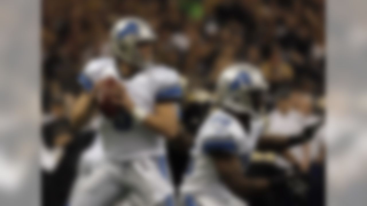 Quarterback Matthew Stafford #9 of the Detroit Lions drops back to pass against the New Orleans Saints during their NFL wildcard playoff football game on Saturday, January 7, 2012 in New Orleans, LA. The Saints won the game 45-28. (AP Photo/Thomas E. Witte)