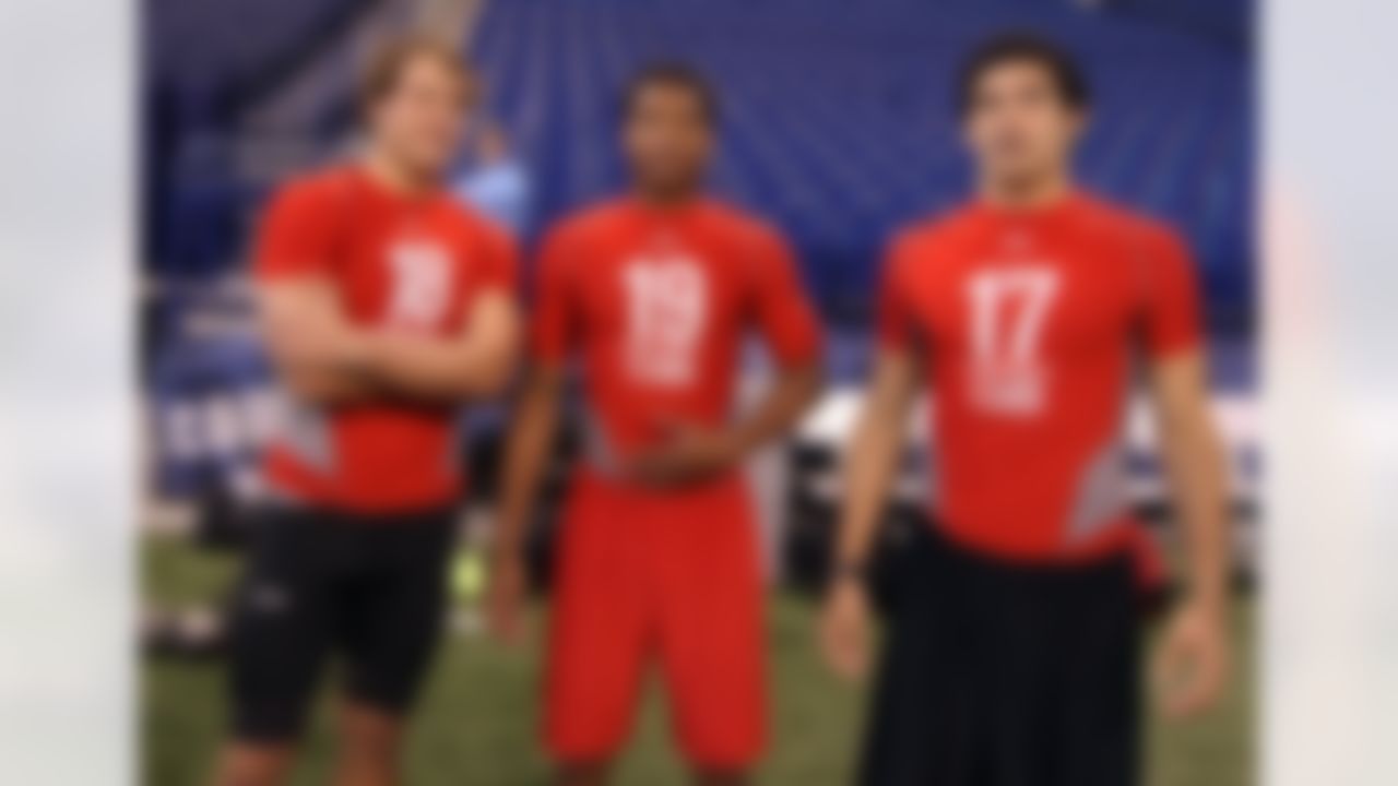 Georgia quarterback Matt Stafford, West Virginia quarterback Pat White, and University of Southern California quarterback Mark Sanchez during the NFL Scouting Combine held at Lucas Oil Stadium in Indianapolis on February 22, 2009. (Ben Liebenberg/NFL)