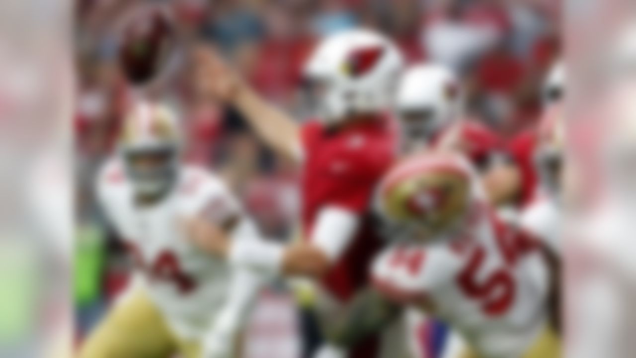 Arizona Cardinals quarterback Josh Rosen (3) intentionally grounds the football as San Francisco 49ers defensive end Cassius Marsh (54) makes the tackle in the end zone during the first half of an NFL football game, Sunday, Oct. 28, 2018, in Glendale, Ariz. The 49ers recovered resulting in a safety.