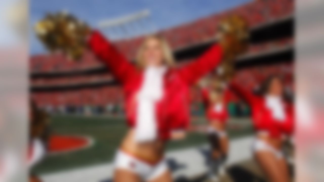 Nov 25, 2007; Kansas City, MO, USA; A Kansas City Chiefs cheerleader performs during the game against the Oakland Raiders at Arrowhead Stadium. Mandatory Credit: Kirby Lee/Image of Sport-US PRESSWIRE