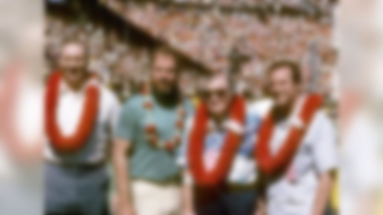 Pro Football Hall of Fame inductees Doug Atkins, Merlin Olsen, George Musso, and Sam Huff at the NFL Pro Bowl, a 16-13 AFC victory on January 31, 1982, at Aloha Stadium in Honolulu, Hawaii.  (National Football League)