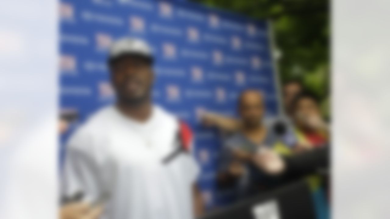 New York Giants wide receiver Hakeem Nicks, who is active on the roster but recovering from a foot injury suffered during organized team activity earlier in the summer, speaks to the media at NFL football training camp in Albany, N.Y., Sunday, July 29, 2012. (AP Photo/Kathy Willens)