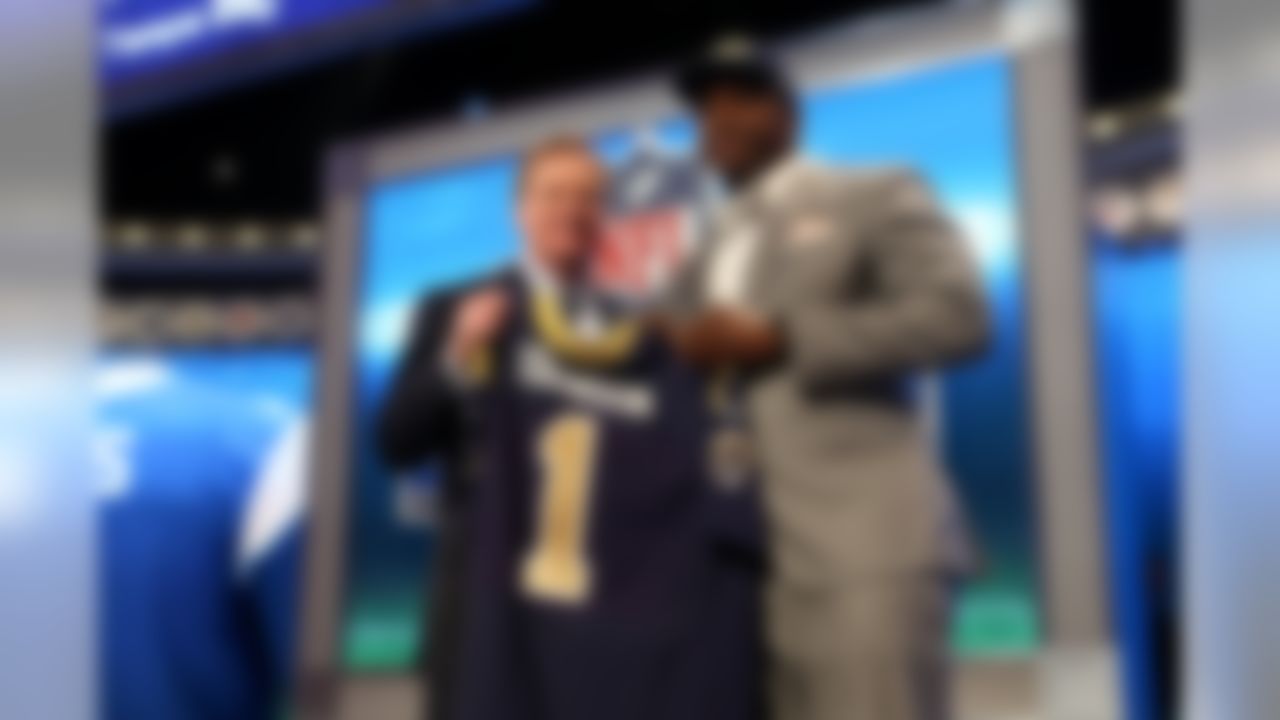 Greg Robinson, right, poses on stage with NFL Commissioner Roger Goodell after being selected by the St. Louis Rams during the 2014 NFL Draft at Radio City Music Hall on May 8, 2014 in New York, NY. (Perry Knotts/NFL)