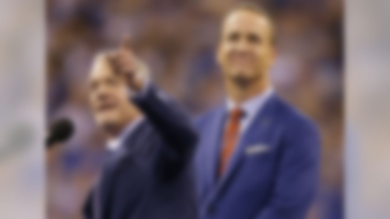 Indianapolis Colts owner Jim Irsay and former Indianapolis Colts quarterback Peyton Manning watch as Manning's name is unveiled during a halftime ceremony at an NFL football game between the Indianapolis Colts and the San Francisco 49ers, Sunday, Oct. 8, 2017, in Indianapolis.