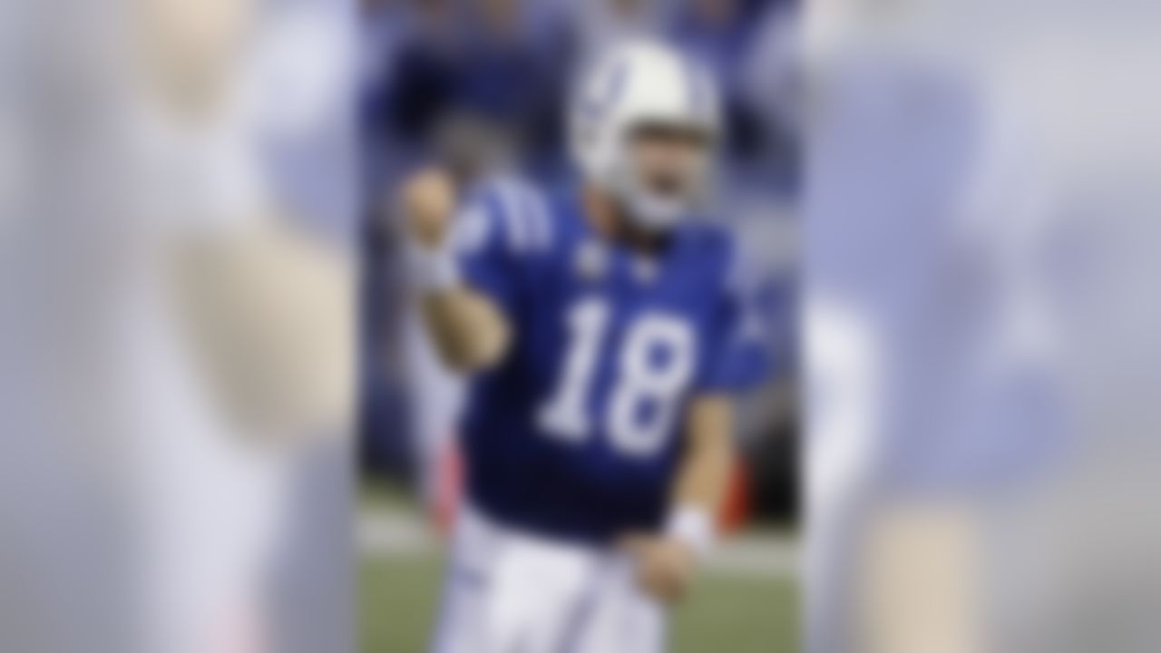 Indianapolis Colts quarterback Peyton Manning reacts after he threw a touchdown pass to Reggie Wayne during the fourth quarter of an NFL football game against the New England Patriots in Indianapolis, Sunday, Nov. 15, 2009. (AP Photo/Darron Cummings)