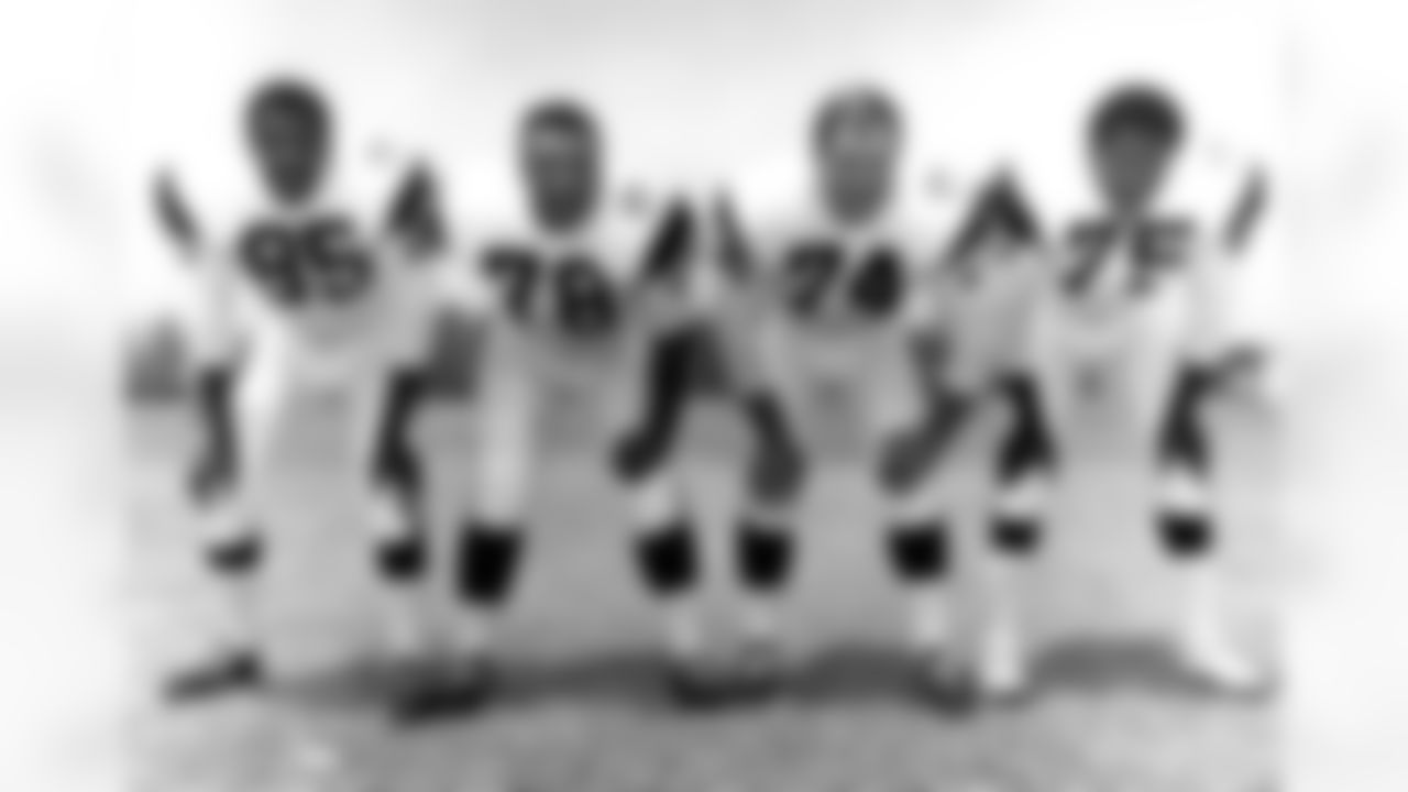 The Los Angeles Rams defensive front four, the second "Fearsome Foursome", pose together in 1969. Pictured left to right are defensive end Lamar Lundy (85), defensive tackle Roger Brown (78), Hall of Fame defensive tackle Merlin Olsen (74), and Hall of Fame defensive end Deacon Jones. (AP Photo/NFL Photos)