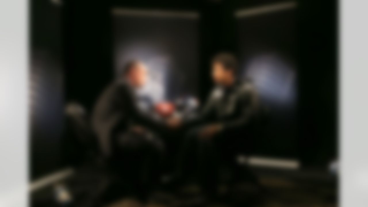 Seattle Seahawks quarterback Russell Wilson (3) joins NFL Network's Rich Eisen in the podcast studio during the Super Bowl XLVIII Media Day at the Prudential Center on Tuesday, January 28, 2014 in Newark, NJ. (Ben Liebenberg/NFL)