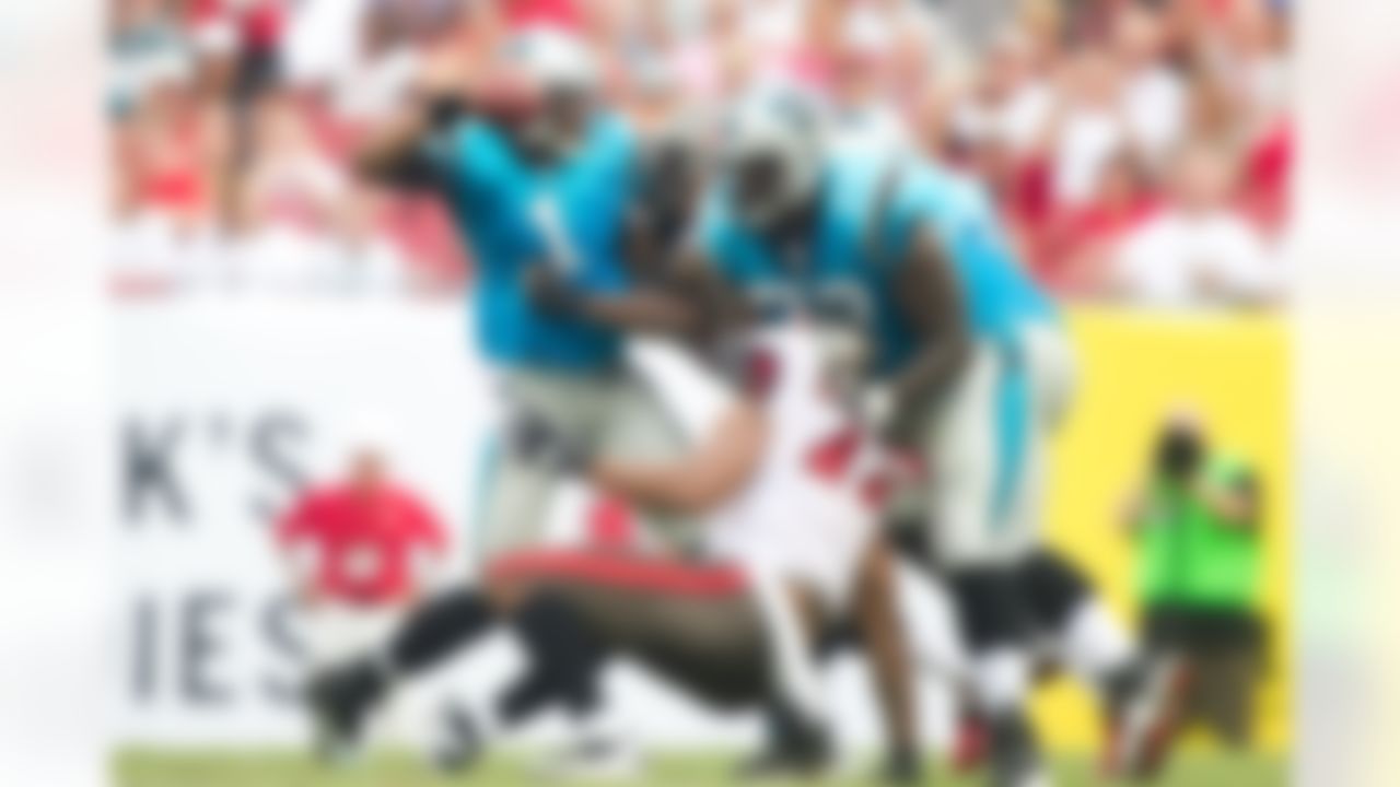 Carolina Panthers quarterback Cam Newton (1) is pressured by the Tampa Bay Buccaneers during an NFL football game at Raymond James Stadium on Sunday, Sept. 9, 2012 in Tampa, Fla. The Bucs won 16-10. (Perry Knotts/NFL)