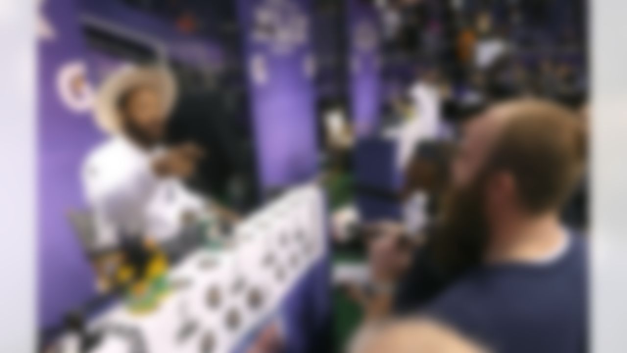 Seattle Seahawks defensive end Michael Bennett is interviewed by Pittsburgh Steelers defensive end Brett Keisel during Media Day for Super Bowl XLIX at the U.S. Airways Center on Tuesday, January 27, 2015 in Phoenix, AZ. (Perry Knotts/NFL)