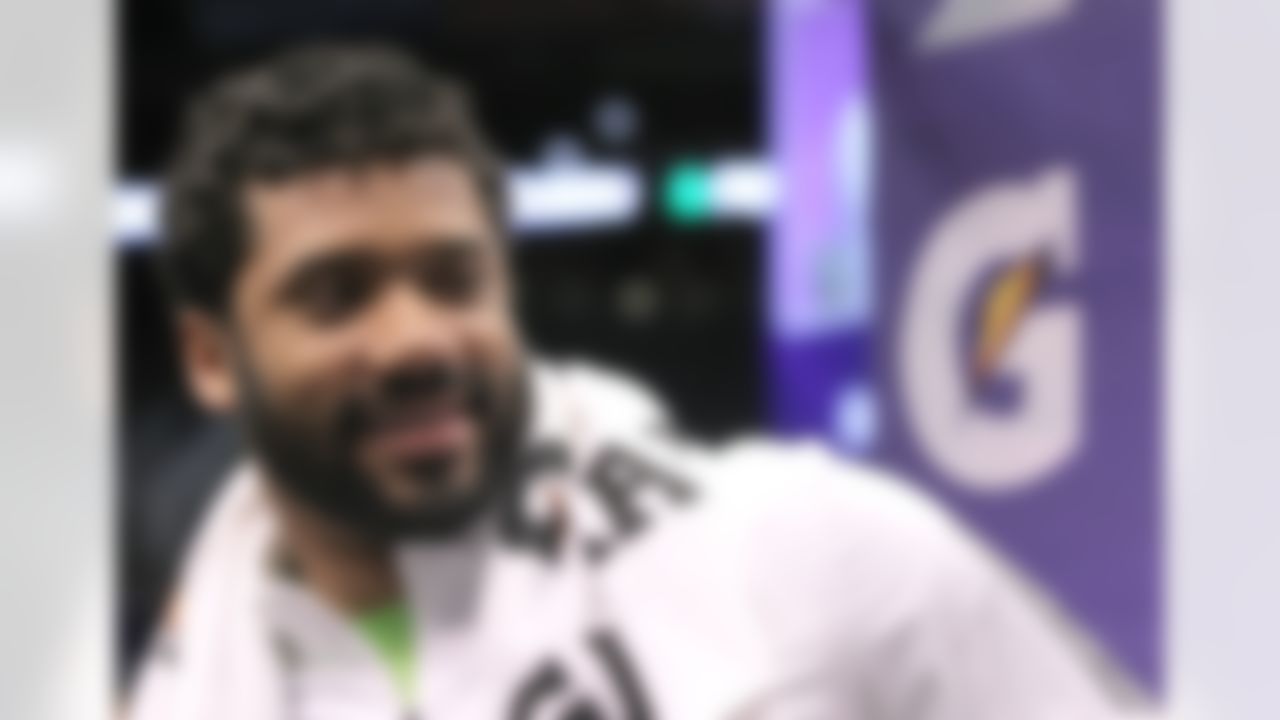 Seattle Seahawks quarterback Russell Wilson speaks during Media Day for Super Bowl XLIX at the U.S. Airways Center on Tuesday, January 27, 2015 in Phoenix, AZ. (Perry Knotts/NFL)