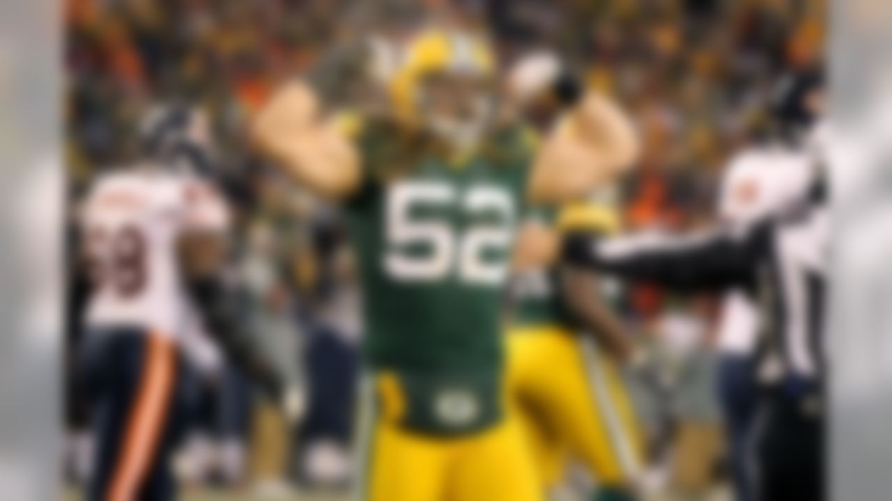 Green Bay Packers linebacker Clay Matthews celebrates during a game against the Chicago Bears at Lambeau Field in Green Bay, WI on January 2, 2011. (Todd Rosenberg/NFL)