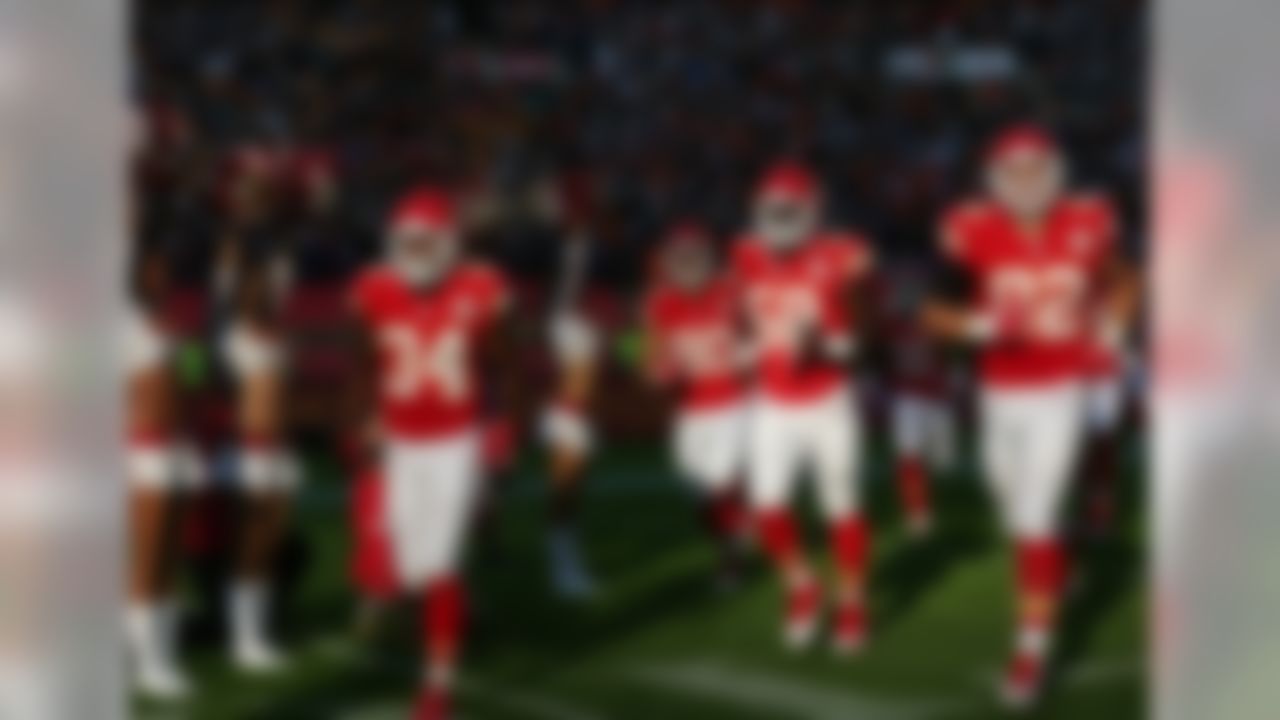 Kansas City Chiefs' players run out onto the field just before the Kansas City Chiefs and Detroit Lions game in the NFL International Series at Wembley Stadium in London on Sunday, Nov 1. (Dave Shopland/NFL)