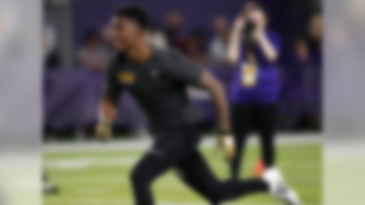 LSU cornerback Andraez "Greedy" Williams works out during their NFL Pro Timing Day at their NCAA football training facility in Baton Rouge, La., Friday, March 22, 2019.