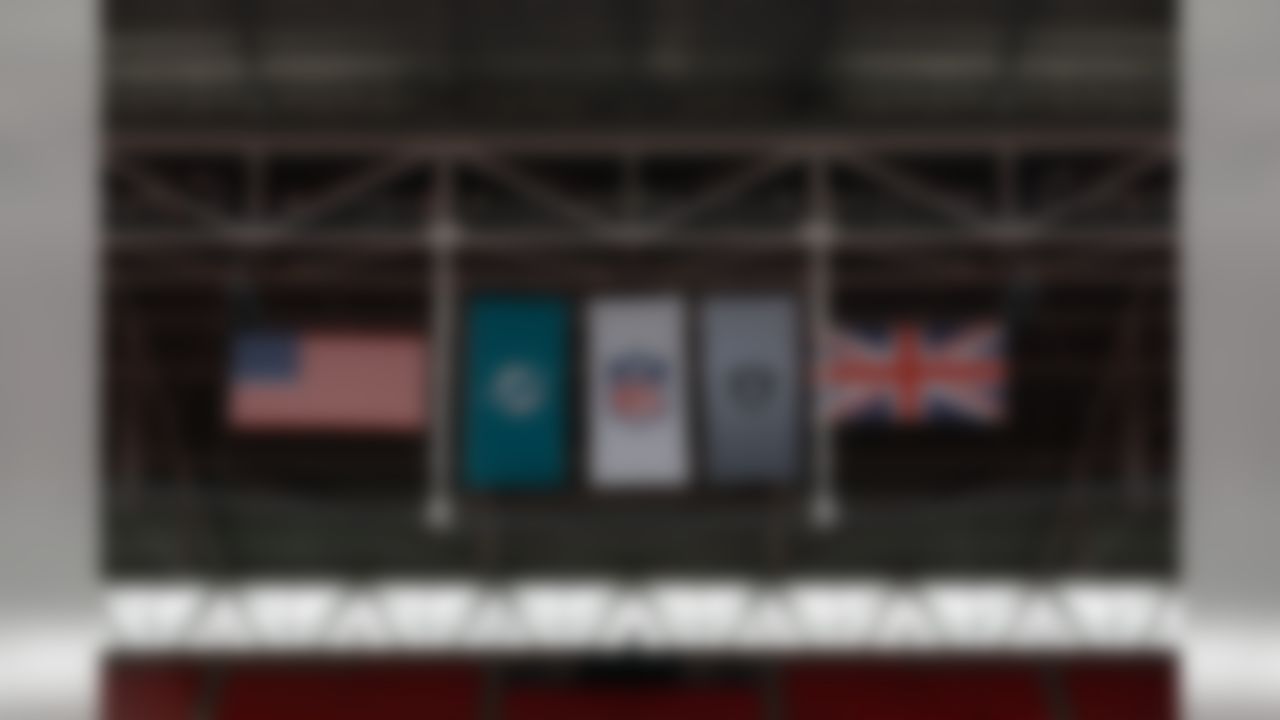 A general view of the American Flag, the Miami Dolphins banner, the NFL banner, the Oakland Raiders banner and the British Flag are seen prior to an NFL football game between the Miami Dolphins against the Oakland Raiders at Wembley Stadium on Sunday September 28, 2014 in London, England. (Aaron M. Sprecher/NFL)
