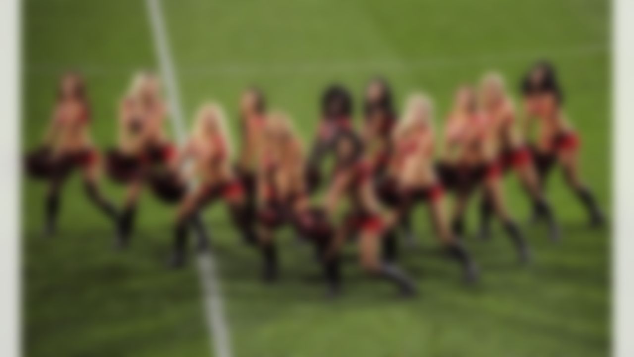 Tampa Bay Buccaneers cheerleaders perform during half time at the Crystal Palace V Bristol City soccer match on October 18, 2011 in London, England. (Dave Shopland/NFL)