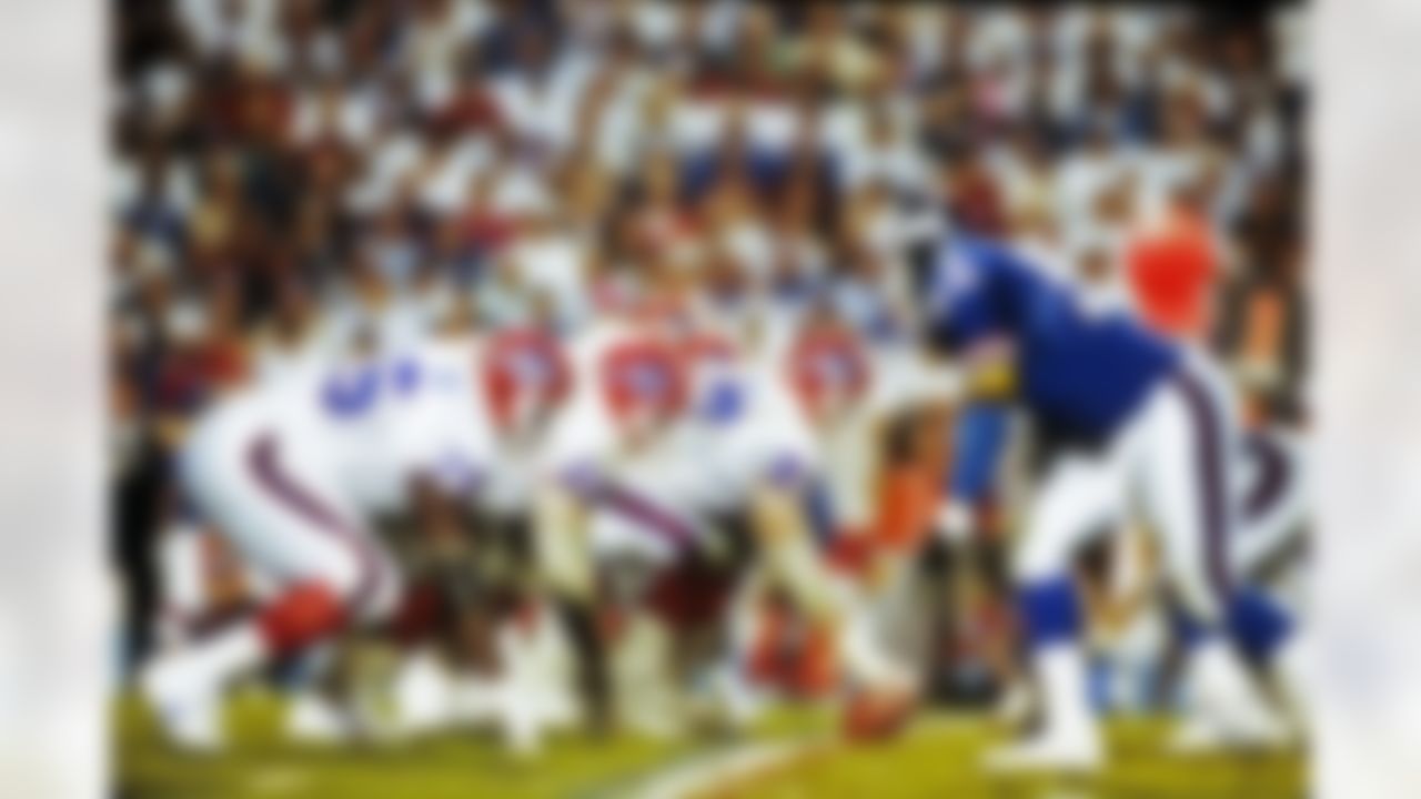 Buffalo Bills center Kent Hull (67) is poised the snap the football during the Bills 20-19 loss to the New York Giants in Super Bowl XXV at Tampa Stadium in Tampa, FL on January 27, 1991. (National Football League)