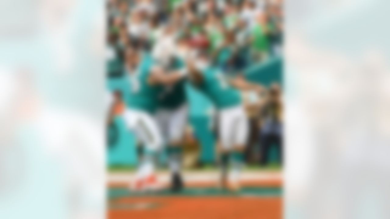 Miami Dolphins kicker Jason Sanders (7) celebrates after his touchdown against the Philadelphia Eagles during the first half at Hard Rock Stadium.