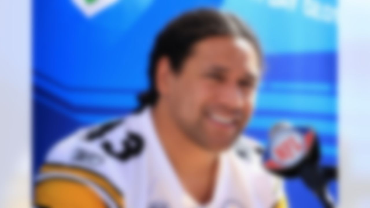 TAMPA, FL - JANUARY 27: Safety Troy Polamalu #43 of the Pittsburgh Steelers speaks with the media during the AFC Media Day at Raymond James Stadium on January 27, 2009 in Tampa, Florida. (Photo by Scott Halleran/Getty Images)