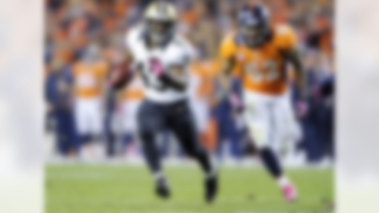 New Orleans Saints running back Darren Sproles (43) scores on a 29-yard pass during an NFL football game against the Denver Broncos on Sunday, Oct. 28, 2012, in Denver. The Broncos won the game, 34-14. (AP Photo/Greg Trott)