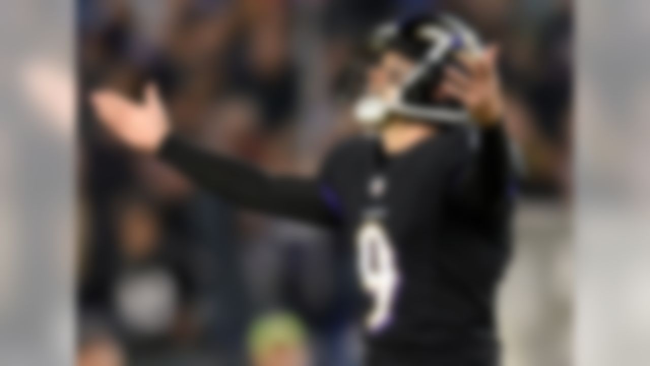 Baltimore Ravens kicker Justin Tucker gestures after making a field goal attempt in the first half of an NFL football game against the Houston Texans, Monday, Nov. 27, 2017, in Baltimore.