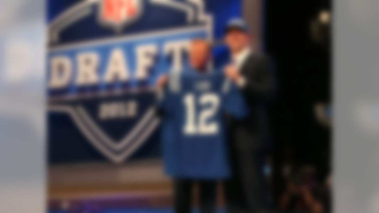 Andrew Luck (R) poses for a photo with NFL Commissioner Roger Goodell after being selected by the Indianapolis Colts during the 2012 NFL Draft at Radio CIty Music Hall on Thursday, April 26, 2012 in New York, NY. (AP Photo/Ben Liebenberg)