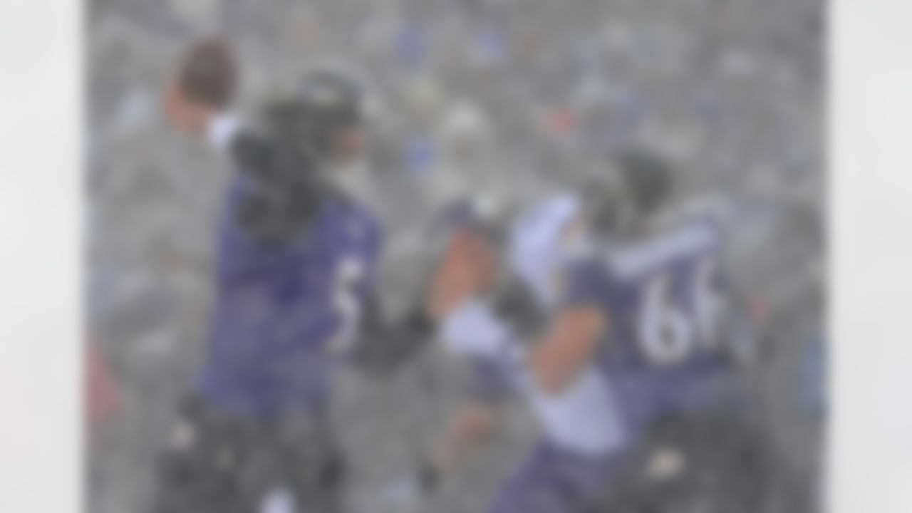 Baltimore Ravens quarterback Joe Flacco (5) throws to a receiver as snow falls in the first half of an NFL football game against the Minnesota Vikings, Sunday, Dec. 8, 2013, in Baltimore. (AP Photo/Gail Burton)