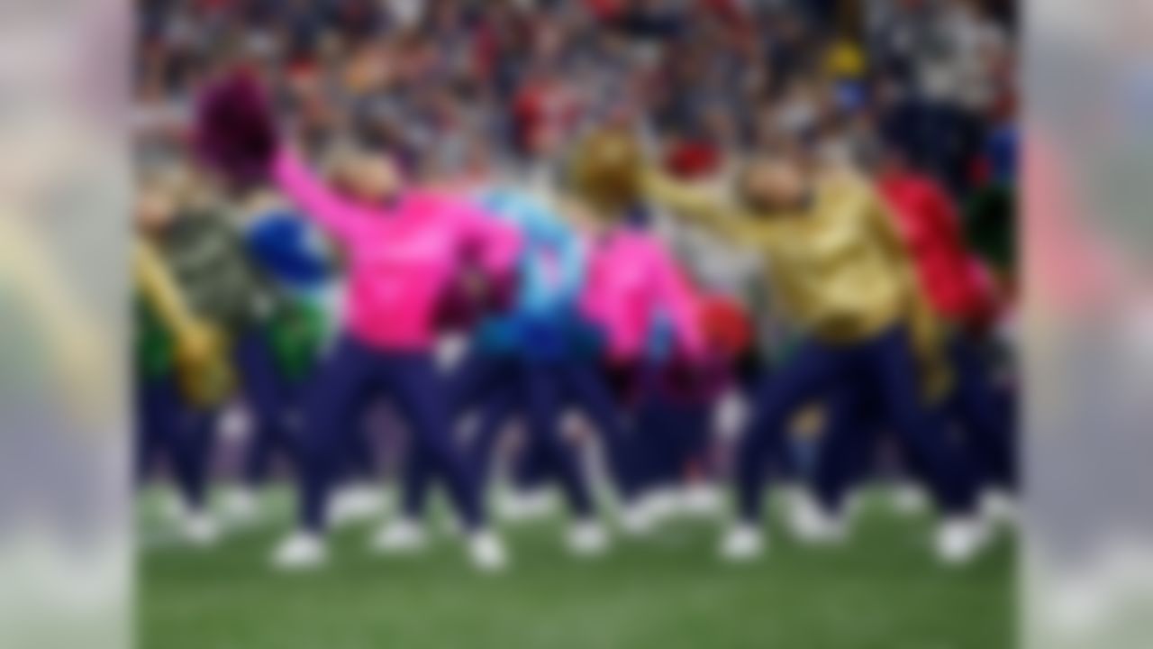 New England Patriots cheerleaders perform during the first half of an NFL football game between the Patriots and the Kansas City Chiefs, Sunday, Oct. 14, 2018, in Foxborough, Mass.