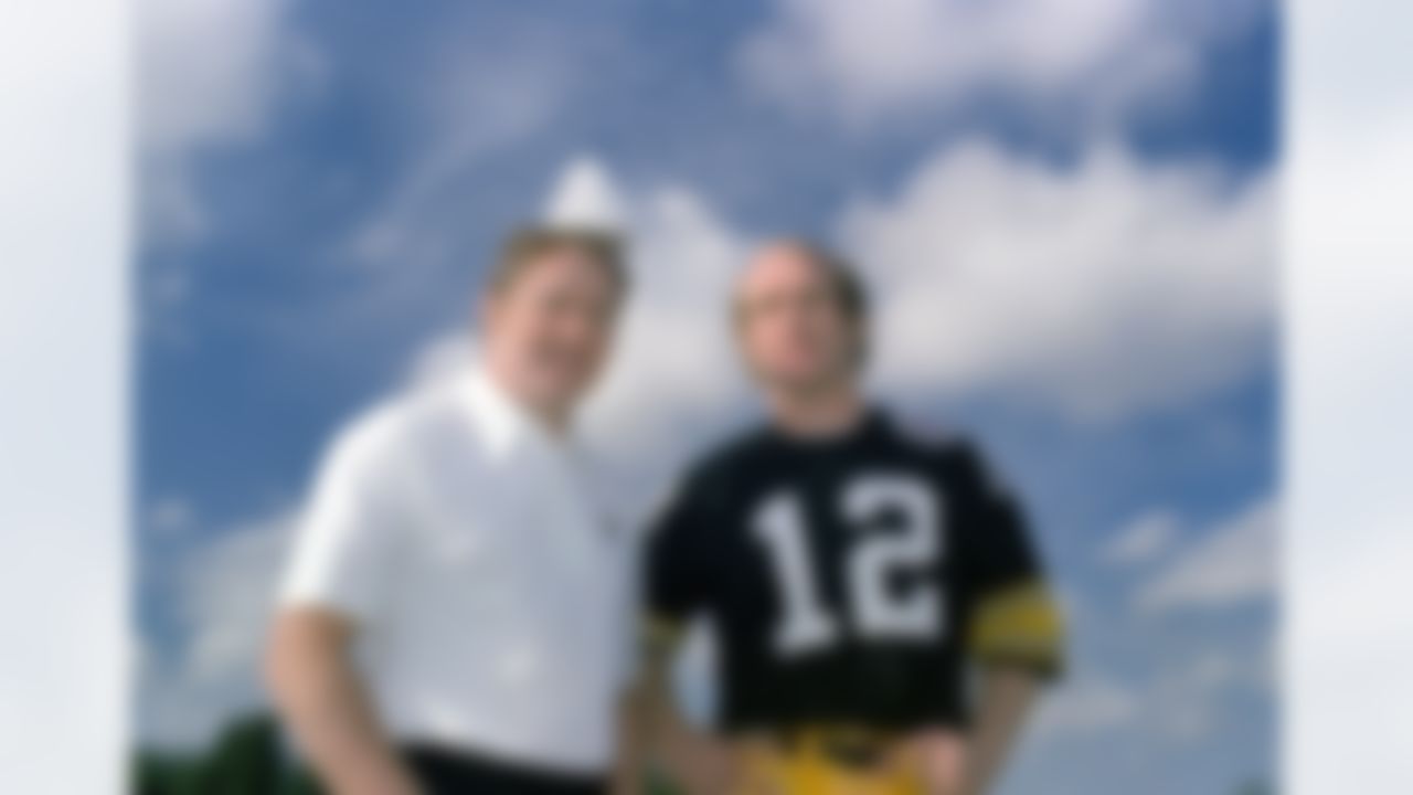 Pittsburgh Steelers head coach Chuck Noll, left, and quarterback Terry Bradshaw. Noll, the Hall of Fame coach who won a record four Super Bowl titles with the Pittsburgh Steelers, died Friday, June 13, 2014, at his home. He was 82. The Allegheny County Medical Examiner said Noll died of natural causes. (AP Photo)