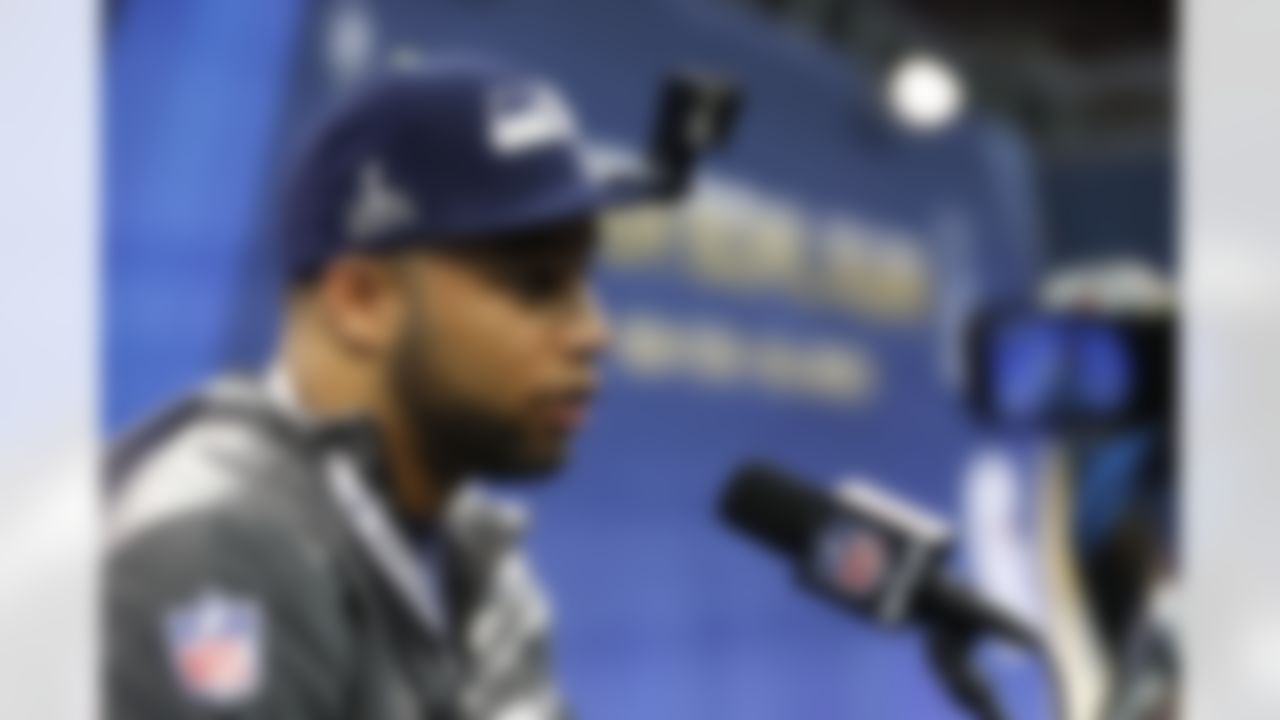 Seattle Seahawks wide receiver Golden Tate (81) answers questions from the media during the Super Bowl XLVIII Media Day at the Prudential Center on Tuesday, January 28, 2014 in Newark, NJ. (Perry Knotts/NFL)